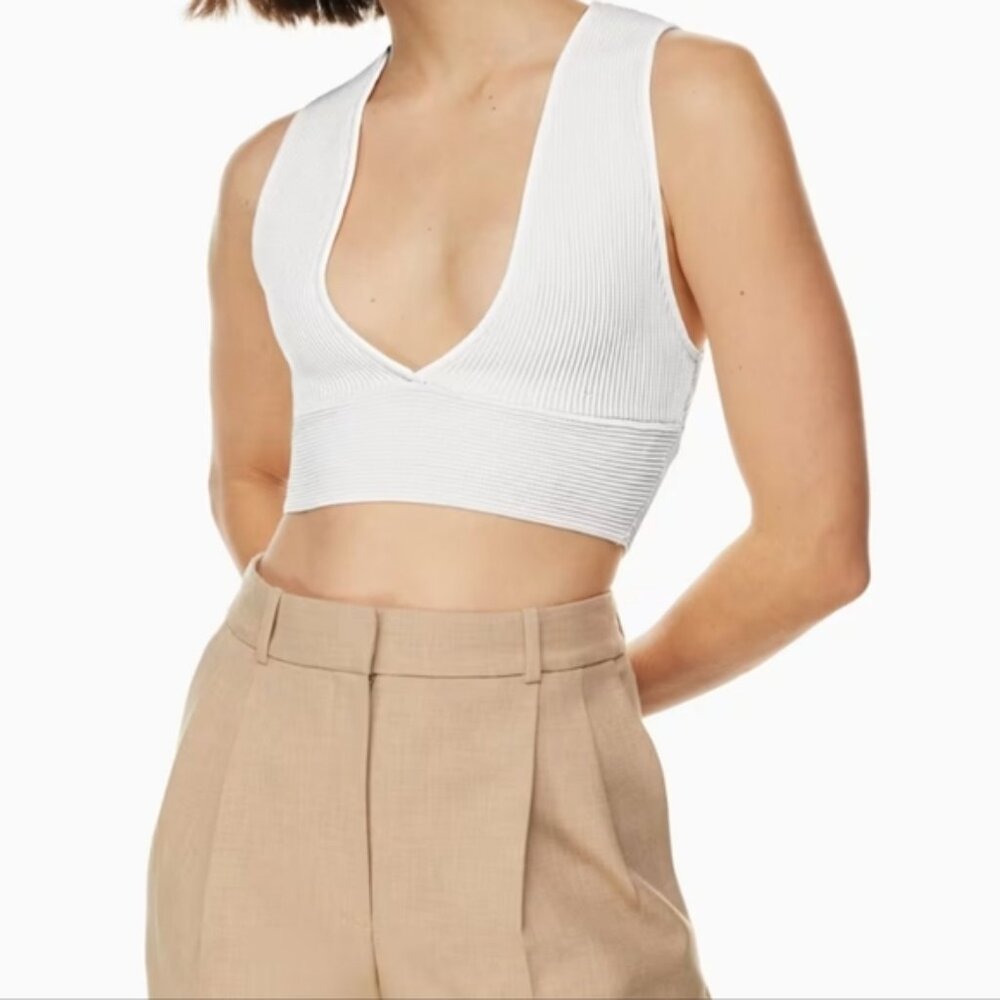 Aritzia Babaton Scult Knit Deep V White Sleeveless Fitted Crop Tank Top